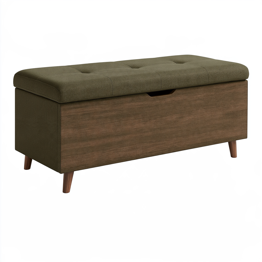 Banc de rangement 100 x 40 x 45 cm en tissu vert olive et marron avec assise capitonnée pieds en bois