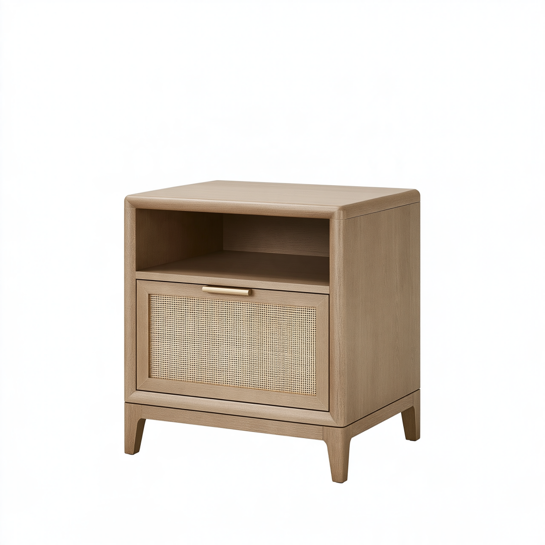 Table de chevet 50 x 40 x 60 cm en bois beige avec porte en cannage style naturel