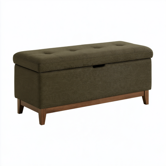 Banc de rangement 110 x 40 x 48 cm en tissu vert avec pieds en bois style contemporain
