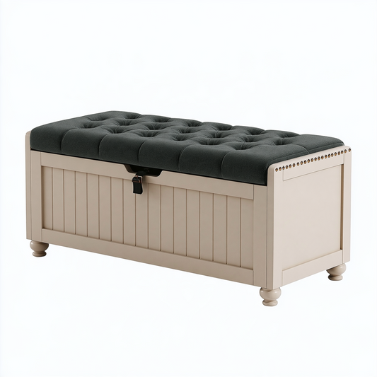 Banc coffre 120 x 45 x 50 cm en bois beige avec assise capitonnée noire style classique