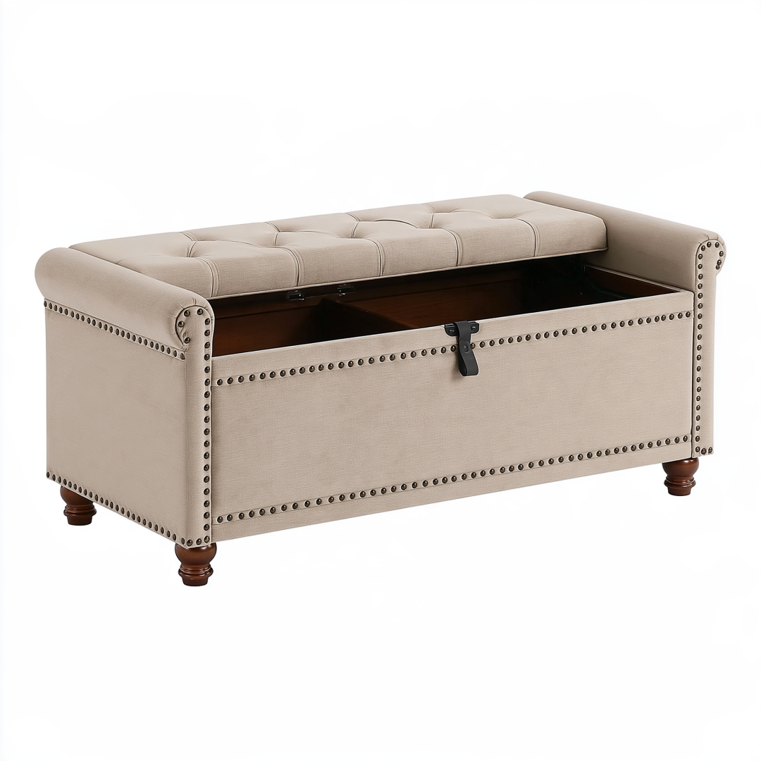 Banc coffre de rangement 120 x 45 x 50 cm en tissu beige capitonné style classique
