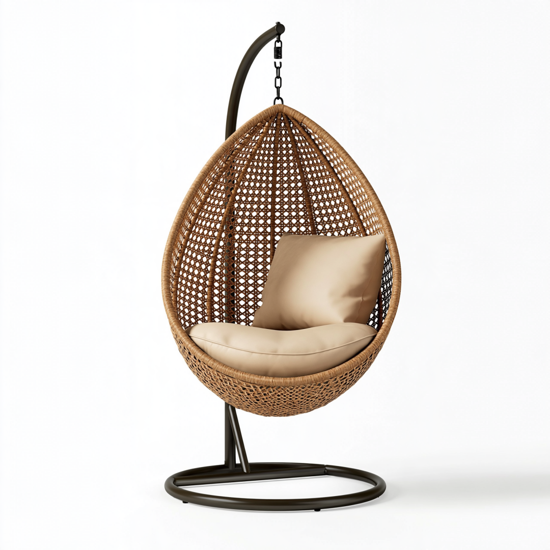 Fauteuil suspendu 105 x 95 x 195 cm en rotin marron avec support métallique style bohème