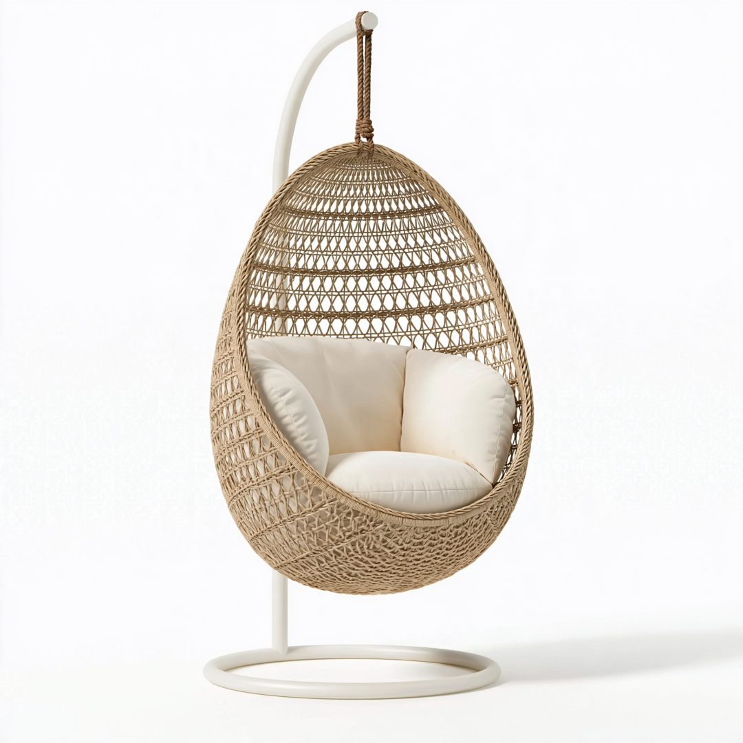 Fauteuil suspendu œuf 105 x 105 x 195 cm en rotin naturel et métal blanc style bohème