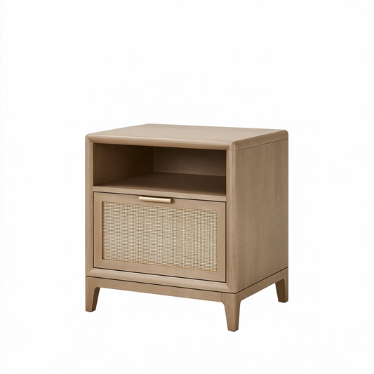 Table de chevet 50 x 40 x 60 cm en bois beige avec porte en cannage style naturel