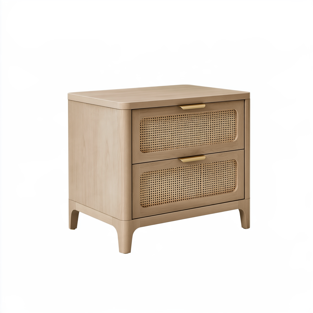 Table de chevet 55 x 40 x 60 cm en bois beige avec cannage à 2 tiroirs style naturel