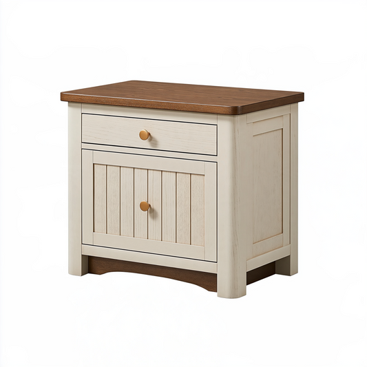 Table de chevet 55 x 40 x 60 cm en bois blanc et marron avec tiroir et placard style campagne