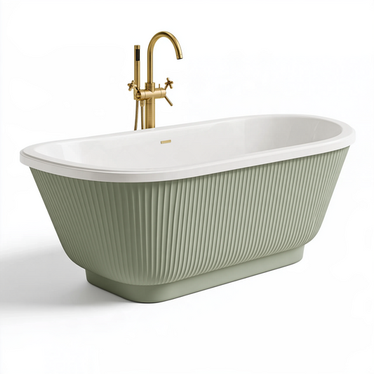 Baignoire îlot 170 cm en acrylique blanc et vert sauge style rétro avec façade cannelée